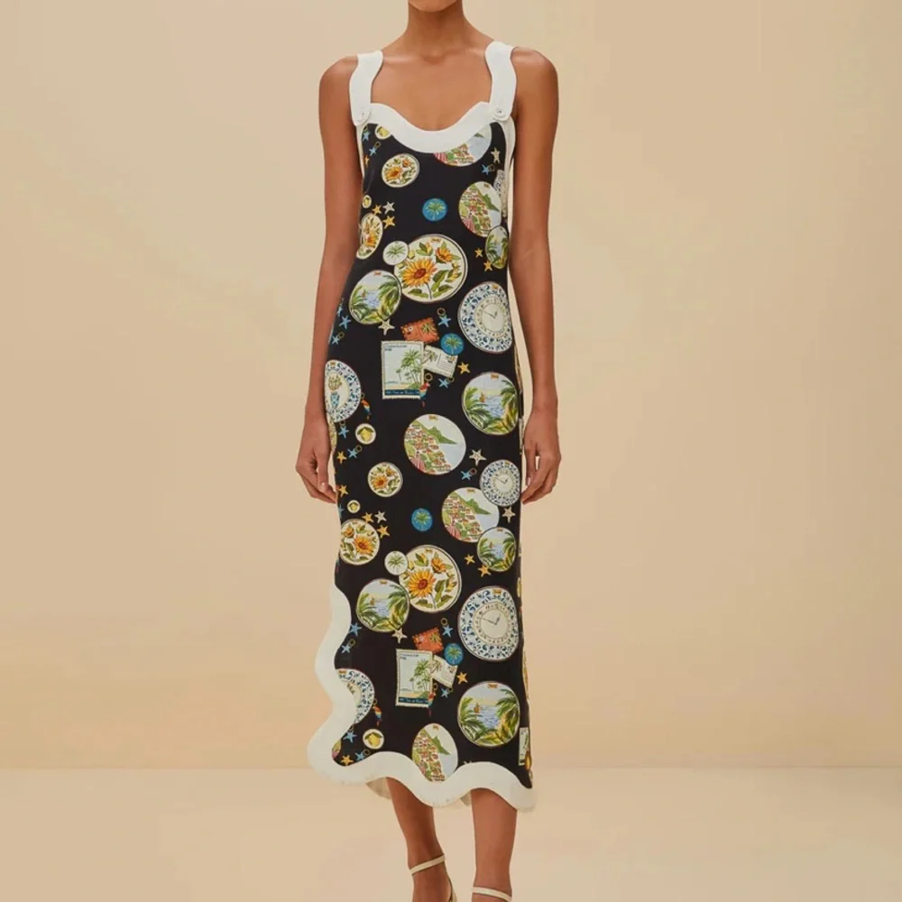 New FARM Rio Trip Souvenir Sleeveless Linen Scallop Trim Midi Dress - Picture 2 of 4